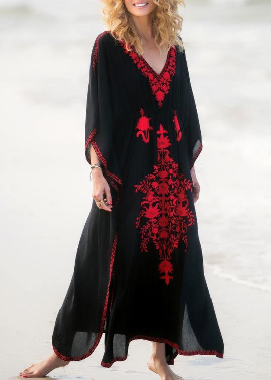 Stylish Black Embroideried Long sleeve kimono robe Maxi Summer - SooLinen