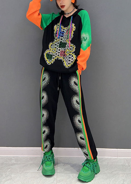 Stilvolle Schwarze Kapuze Kordelzug Patchwork Print Baumwolle 2 Stück Outfit Frühling