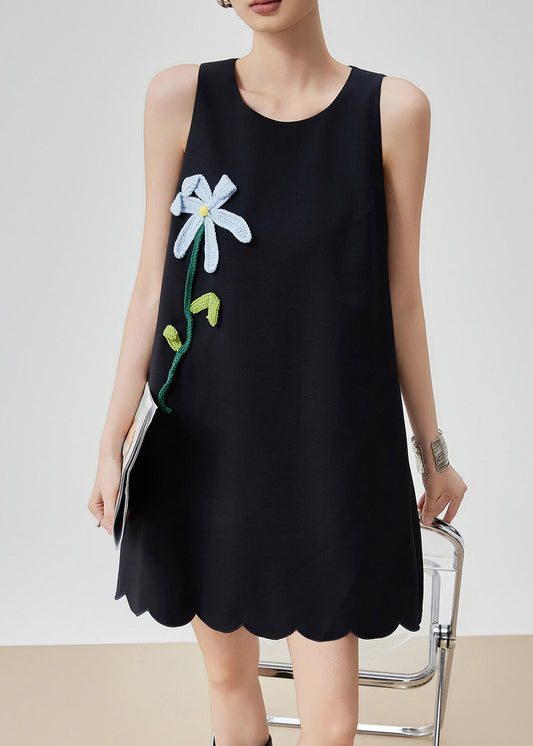 Stylish Black O-Neck Floral Mid Dress Sleeveless