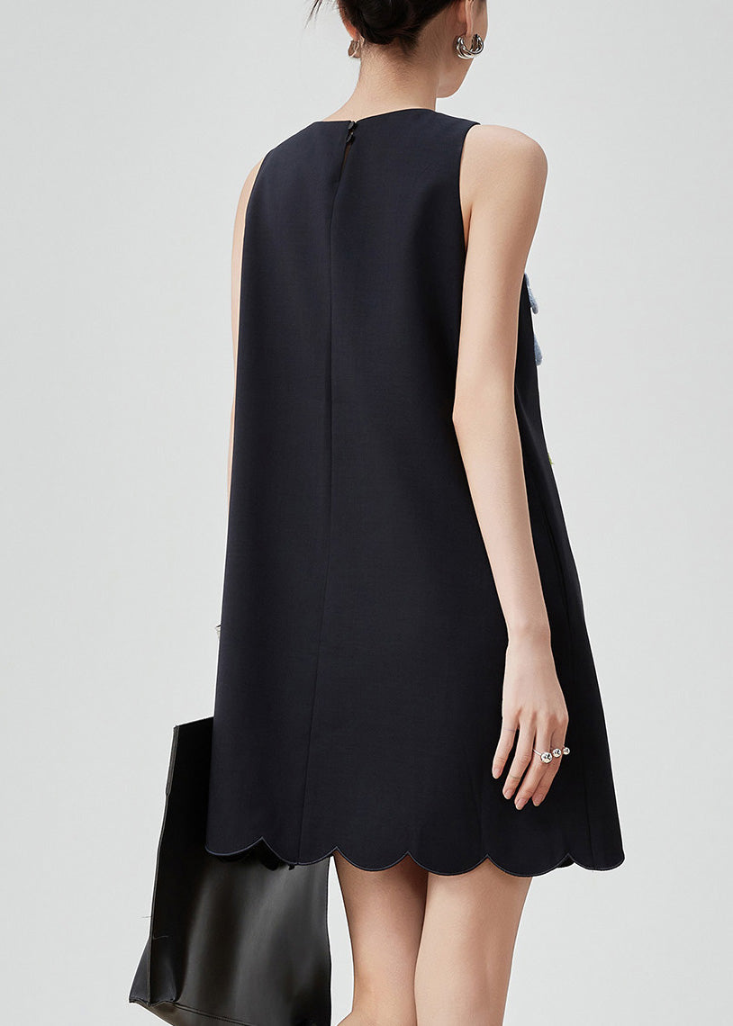 Stylish Black O-Neck Floral Mid Dress Sleeveless