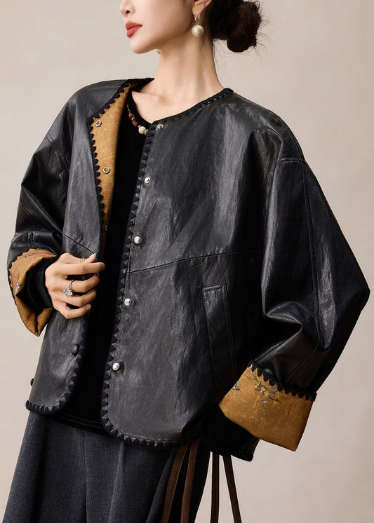 Stilvoller schwarzer O-Ausschnitt-Mantel aus Kunstleder, beidseitig tragbar, Frühling