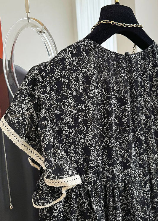 Stylish Black Print Chiffon Tanks Butterfly Sleeve