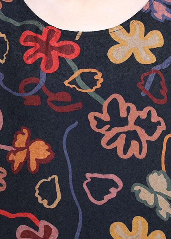 Stylish Black Print O-Neck Asymmetrical Design Summer Chiffon Cute Ankle Dress - SooLinen