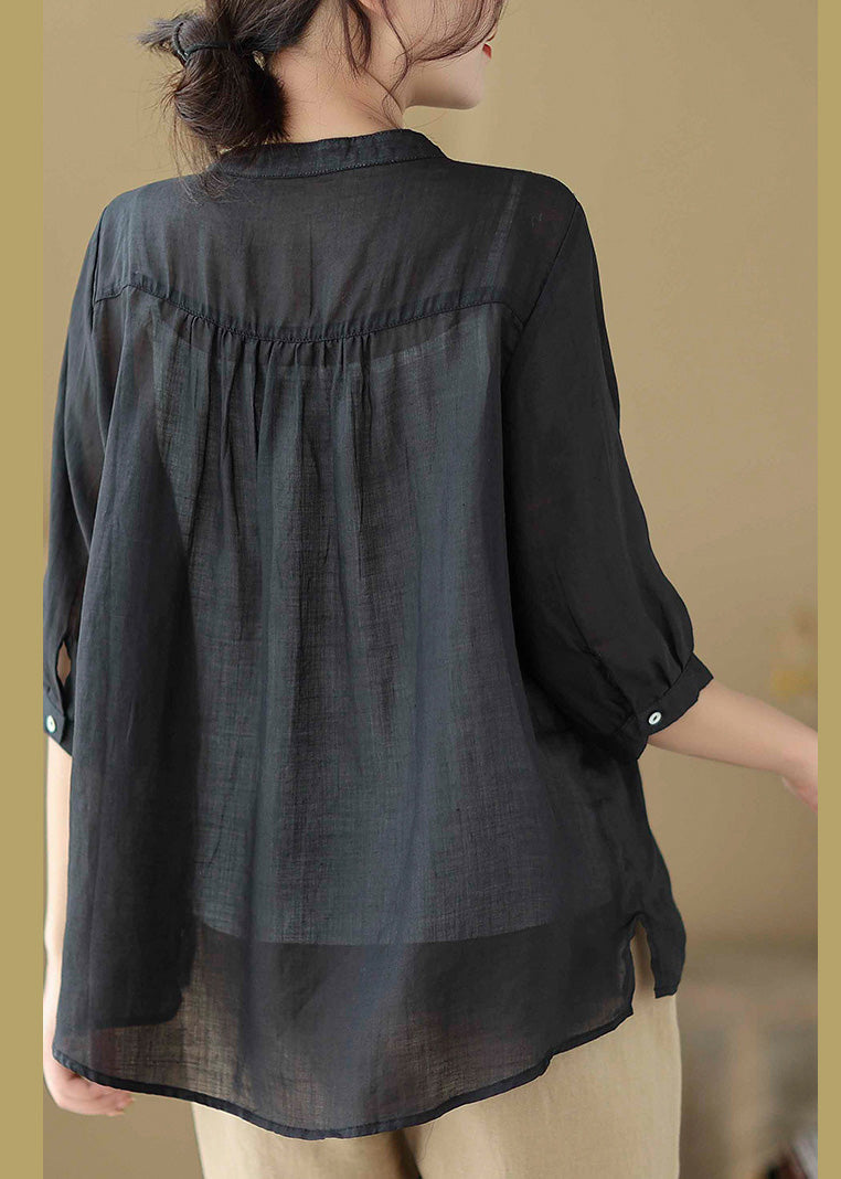 Camisa elegante de ramio con botones de patchwork y estampado negro de media manga