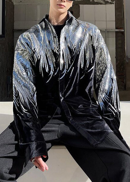 Stylish Black Sequins Oversized Silk Velour Men Coat Fall