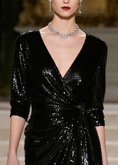 Stylish Black Sequins Patchwork Tulle Wraped Dresses Spring