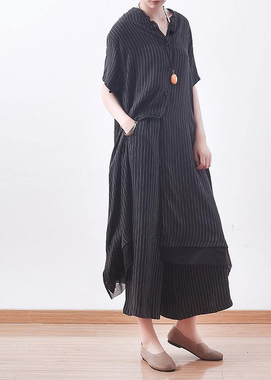 Stylish Black Striped Silk Button Summer Two Pieces Set - SooLinen