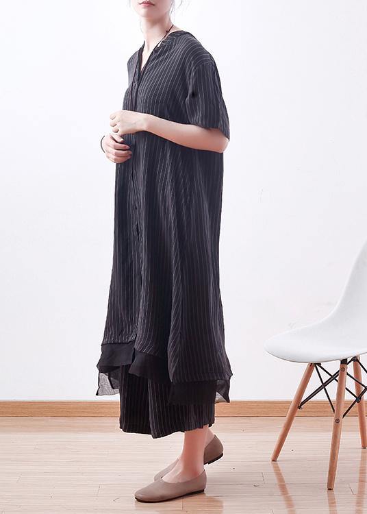 Stylish Black Striped Silk Button Summer Two Pieces Set - SooLinen