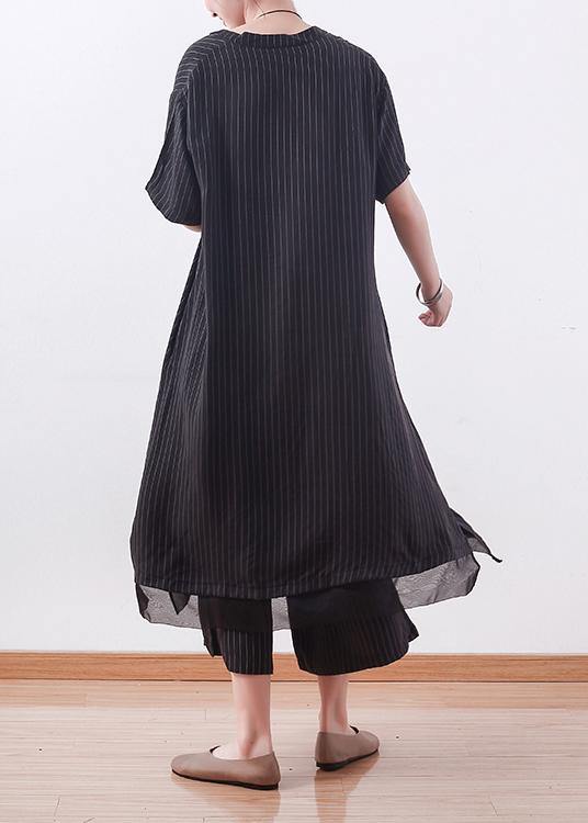 Stylish Black Striped Silk Button Summer Two Pieces Set - SooLinen