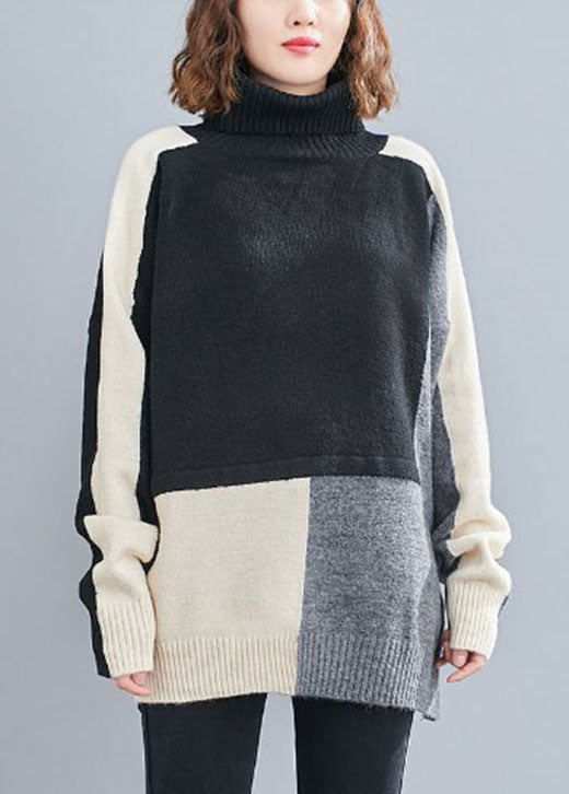 Stilvoller schwarzer Rollkragenpullover mit Patchwork-Strickmuster, Frühling