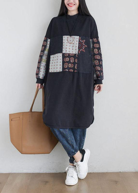 Stylish Black Turtleneck Print Loose Fall Floral Sweatshirts Dress - SooLinen