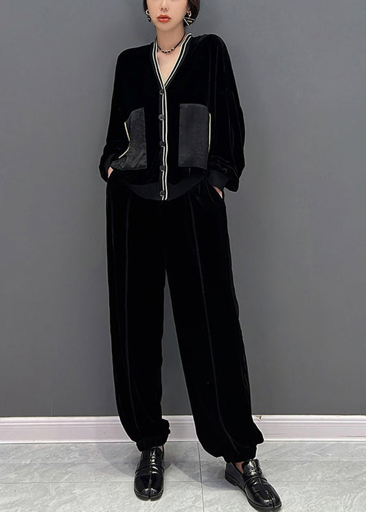 Stilvolle Schwarze V-Ausschnitt Print Mäntel und Hosen Zweiteiler Herbst