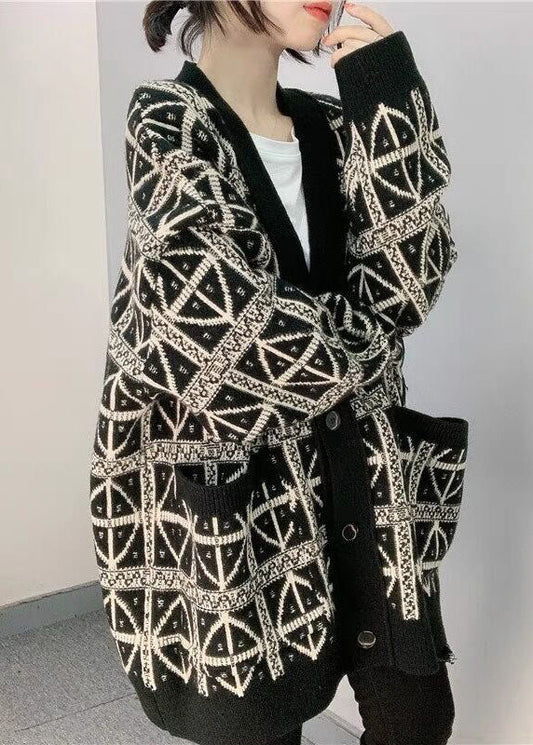 Stilvolle schwarze V-Ausschnitt Print gemütliche gestrickte lose Strickjacke Winter