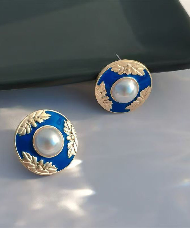Stylish Blue Alloy Dripping Glaze Pearl Stud Earrings