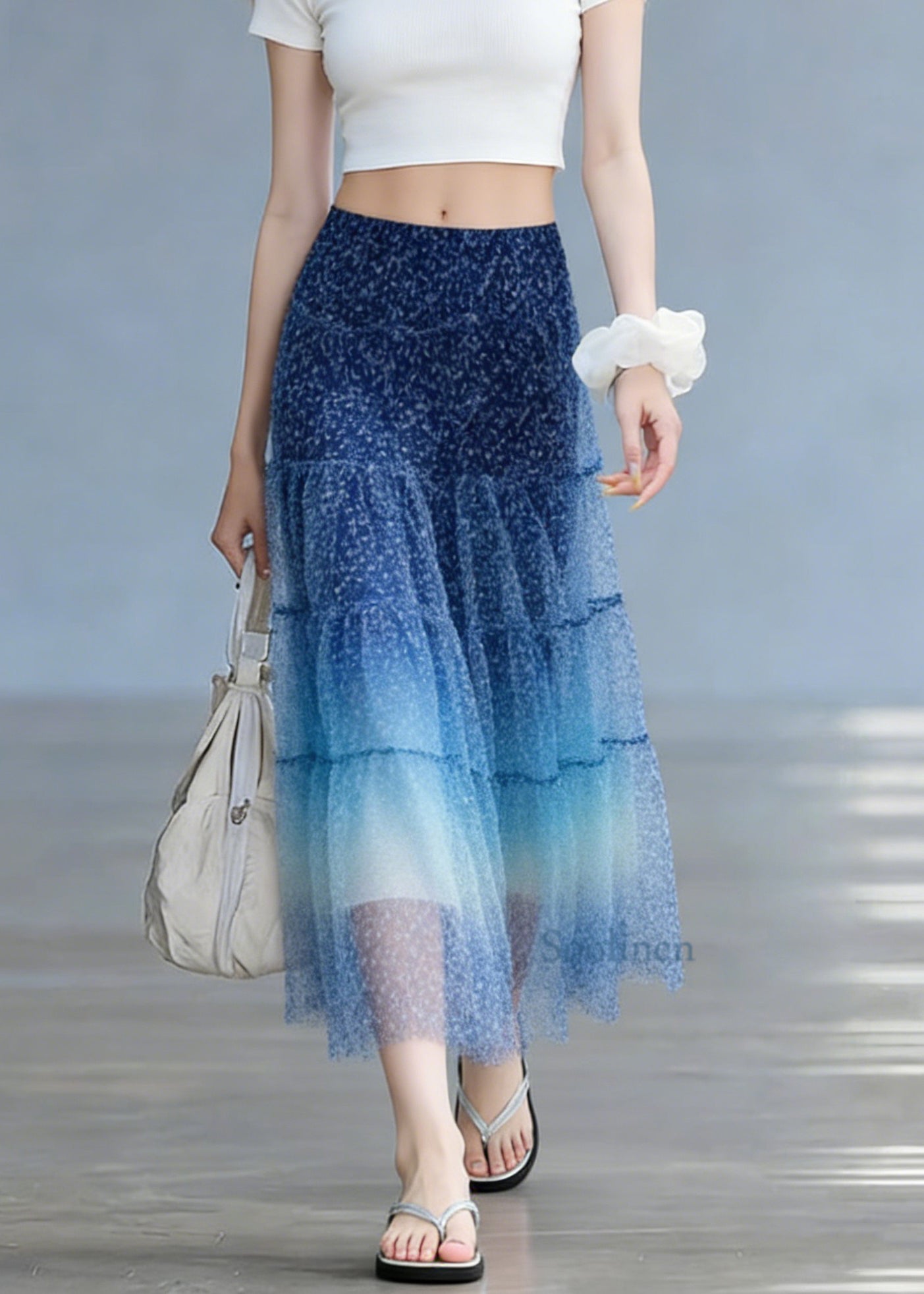 Stylish Blue Elastic Waist Patchwork Tulle Skirts Summer
