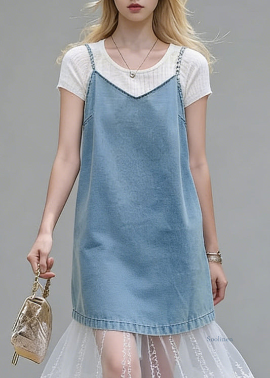 Stylish Blue Lace Patchwork Tops And Spaghetti Strap Dress Two Piece Set Summer