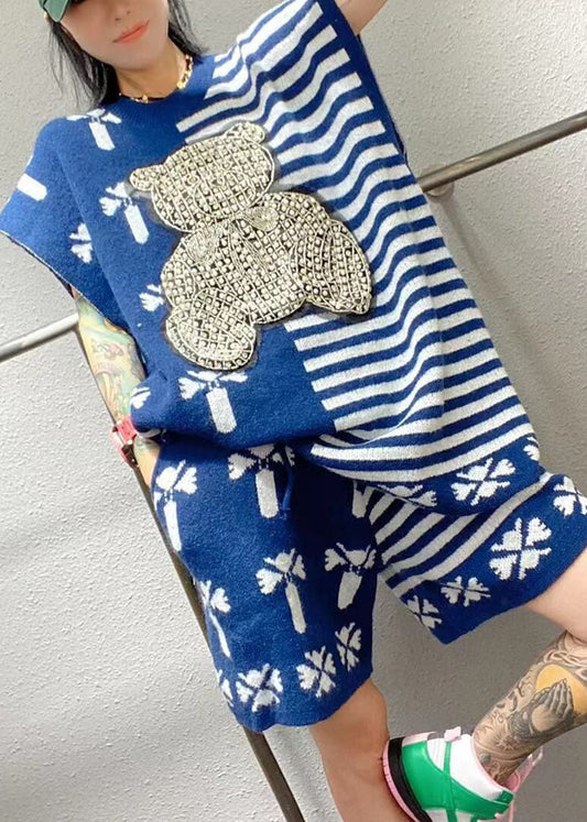 Stilvolles blaues O-Ausschnitt-Nagelperlen-gestreiftes Herbst-Zweiteiler-Set