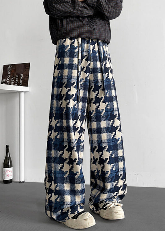 Stylish Blue Plaid Elastic Waist Cotton Mens Pants Fall