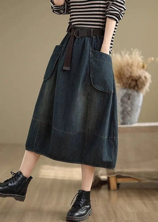Stylish Blue Pockets Patchwork Elastic Waist Denim Maxi Skirts Summer