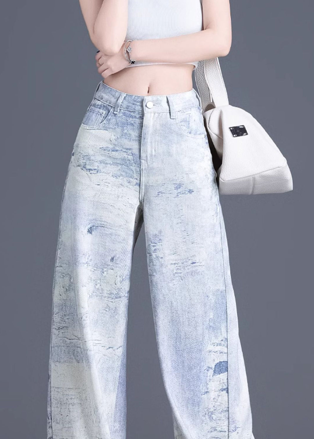 Stylish Blue Pockets Tie Dye Cotton Straight Pants Spring