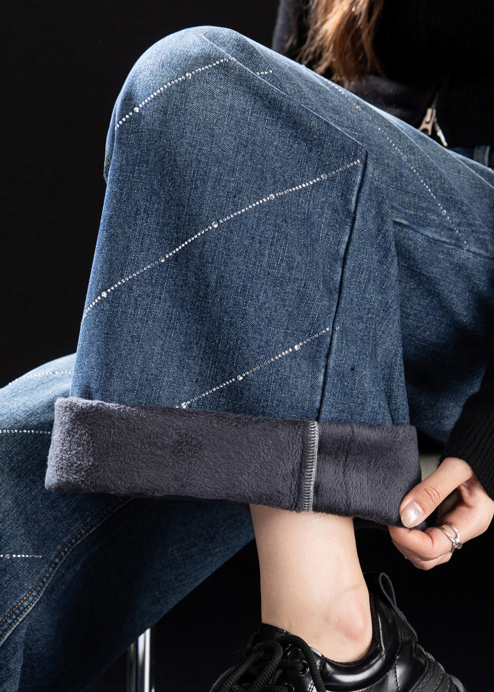 Stylish Blue Pockets Zircon Warm Fleece Denim Pants Winter