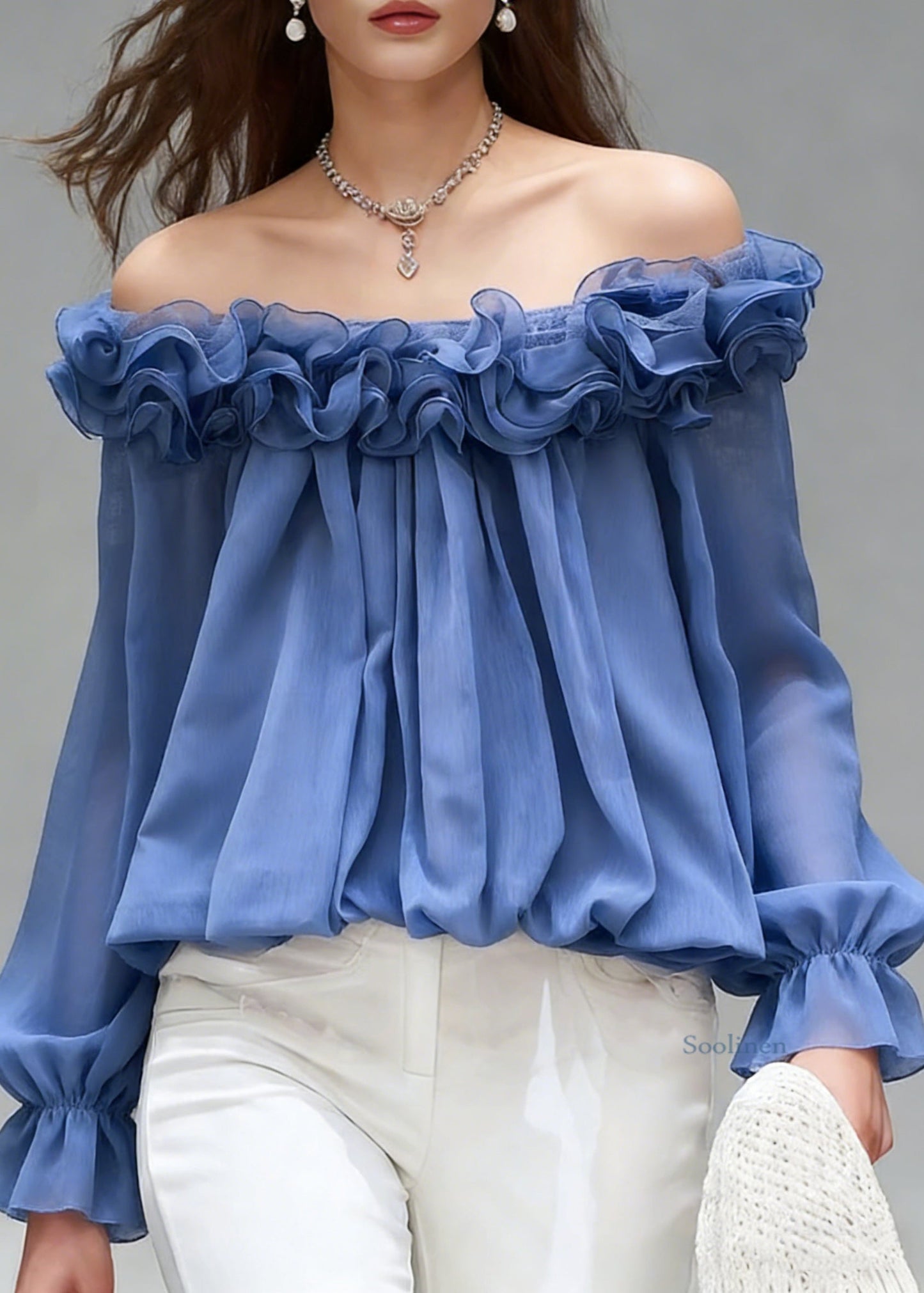Stylish Blue Slash Neck Ruffled Chiffon Shirts Spring