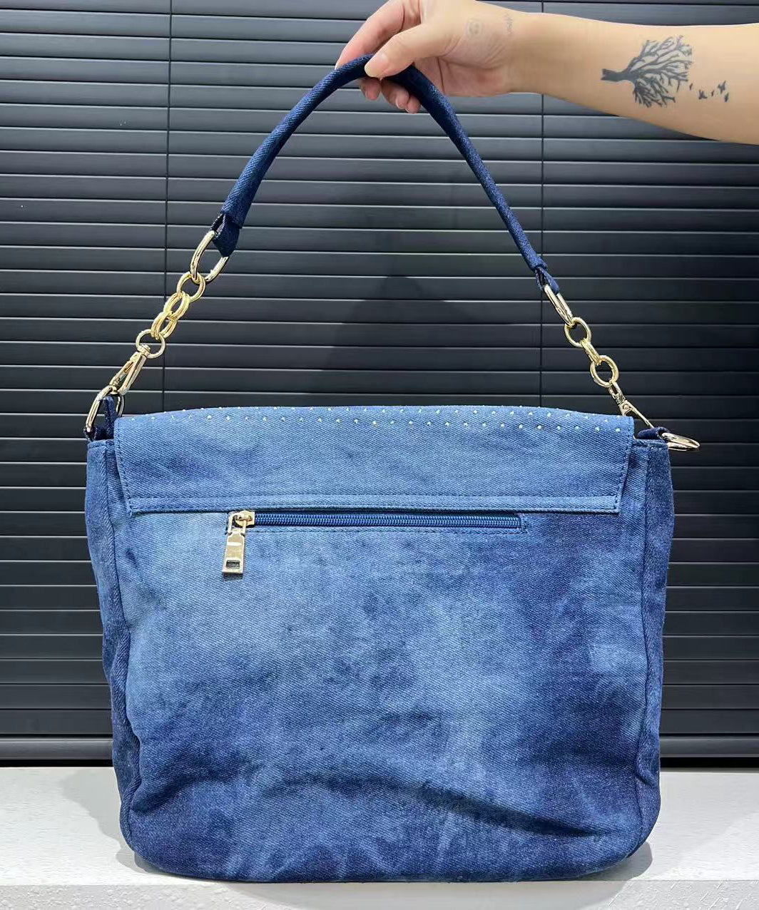 Stylish Blue Tassel Zircon Denim Shoulder Bags