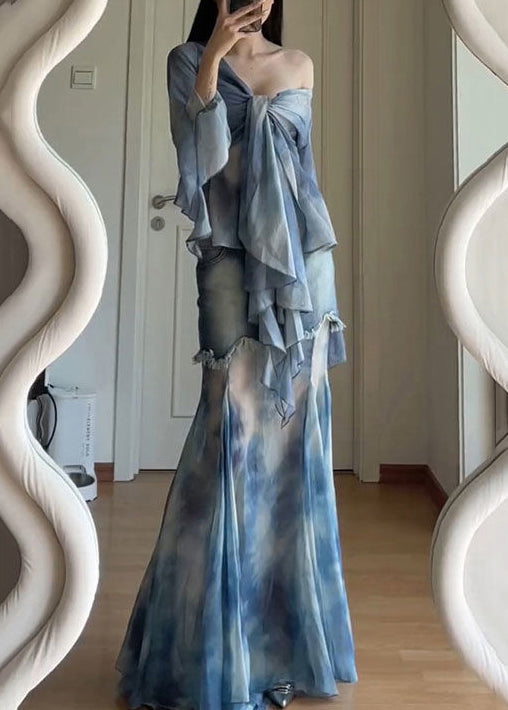 Stylish Blue Tie Dye Lace Up Patchwork Tulle Two Pieces Set Flare Sleeve