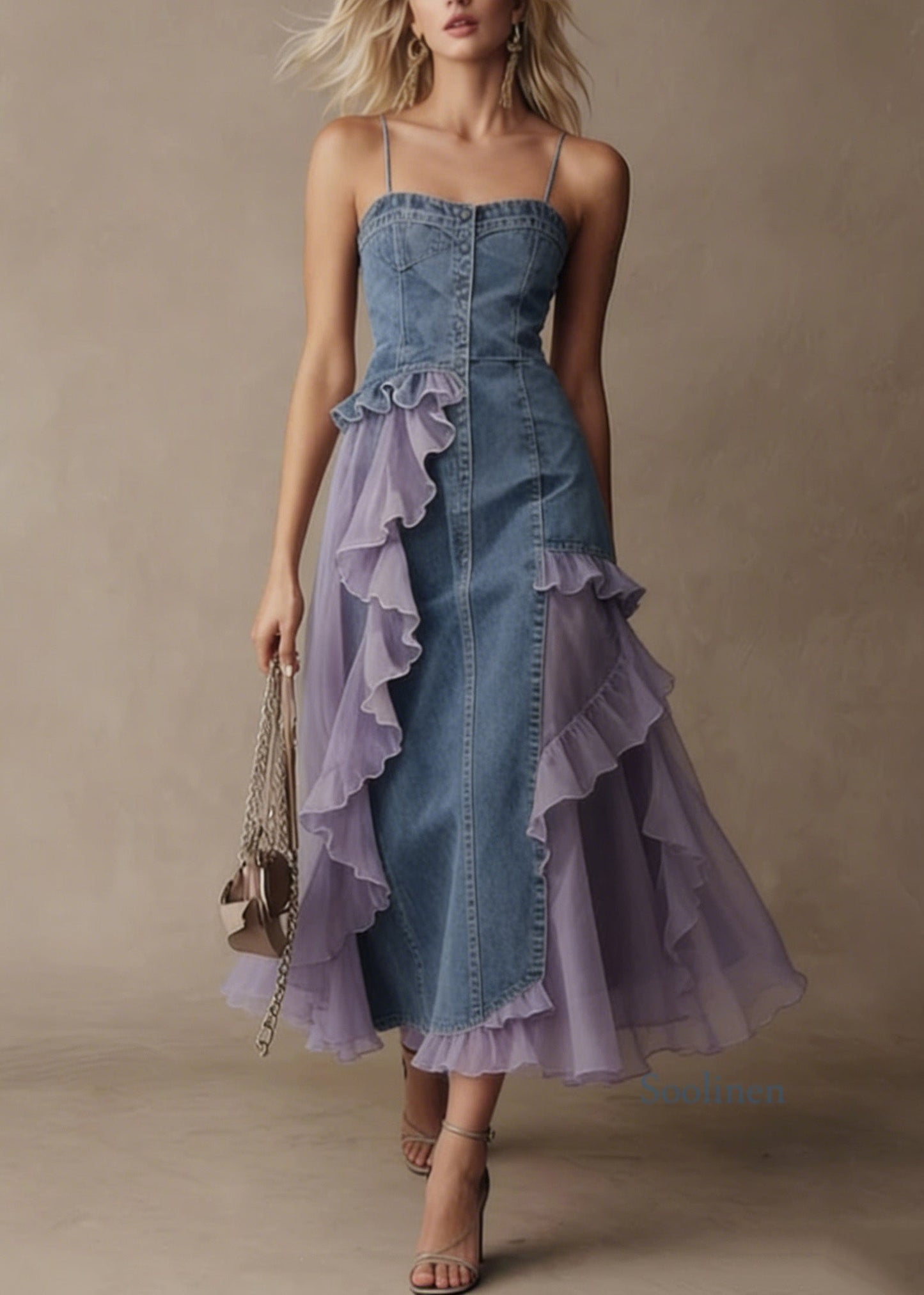 Stylish Blue Tulle Ruffled Patchwork Denim Spaghetti Strap Dress Summer