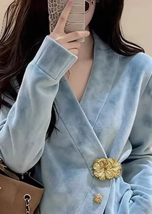 Stylish Blue V Neck Button Faux Suede Coats Spring