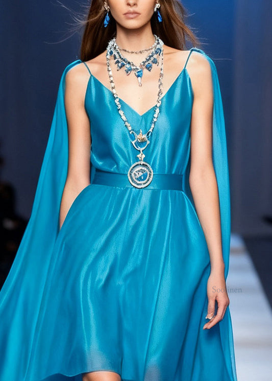 Stylish Blue V Neck Pockets Chiffon Long Dresses Sleeveless