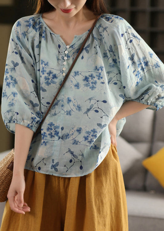 Stylish Blue V Neck Print Linen Shirts Bracelet Sleeve