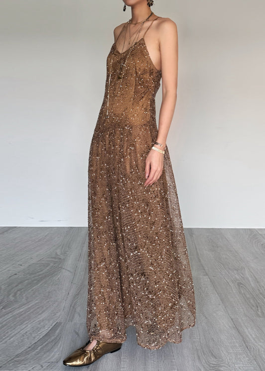 Stylish Brown Lace Up Tulle Spaghetti Strap Dress Summer