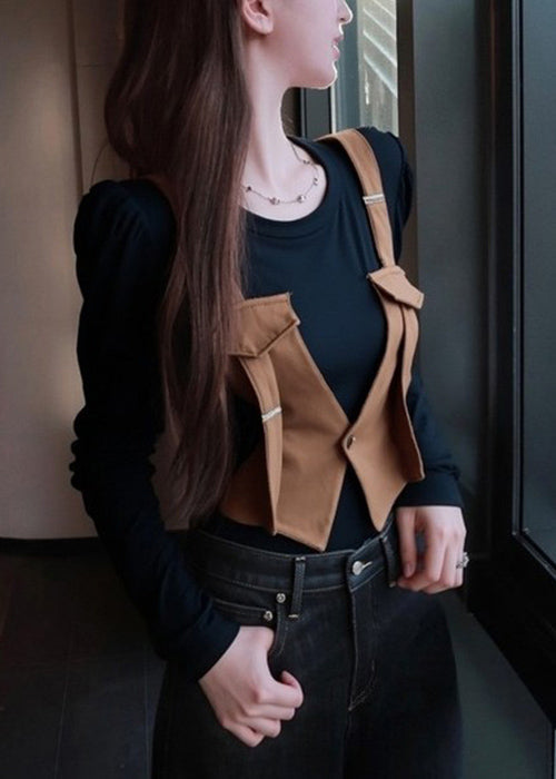 Elegante camiseta marrón de algodón con cuello redondo y patchwork de dos piezas para primavera