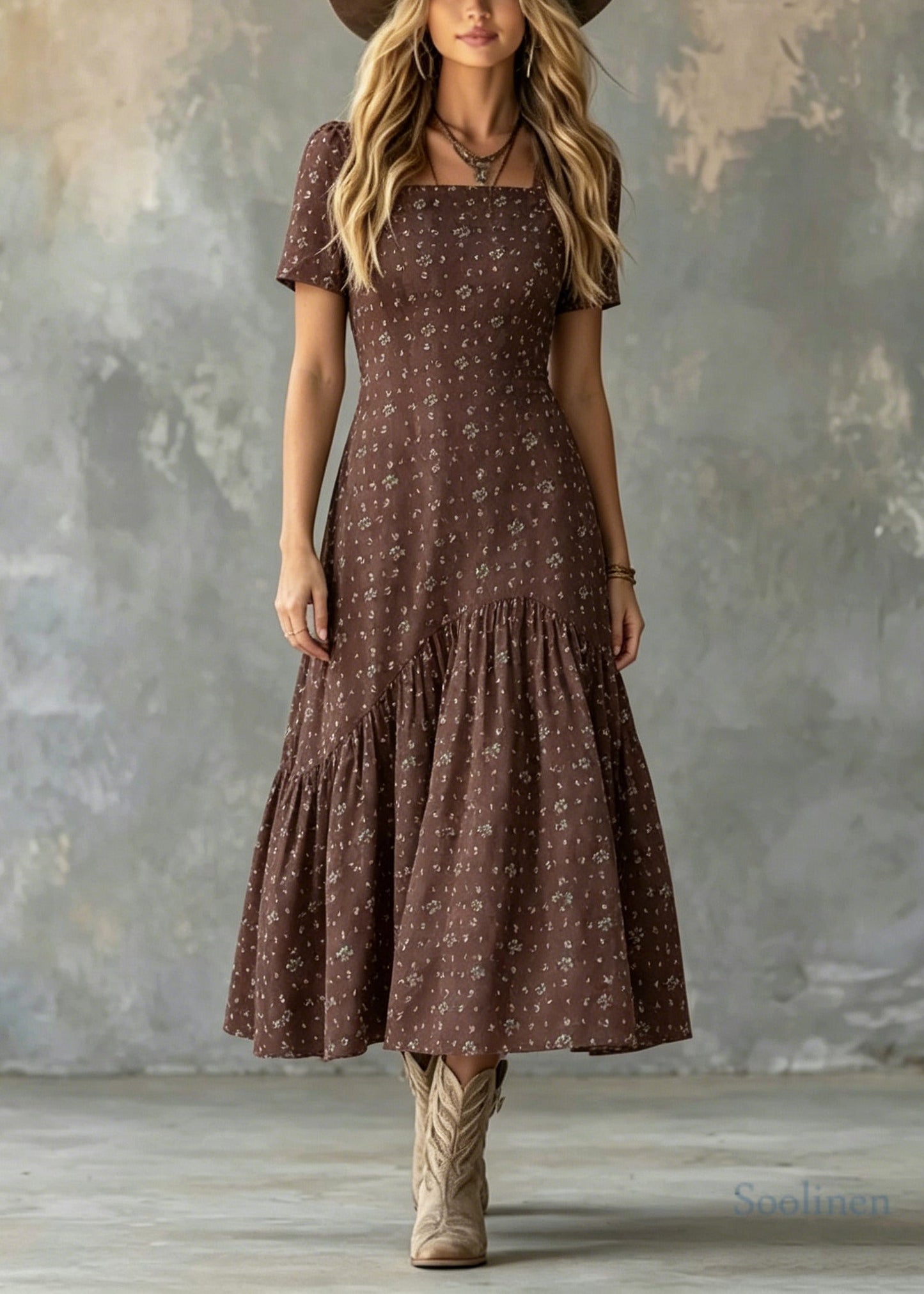Stylish Brown Square Collar Print Cotton Long Dresses Summer