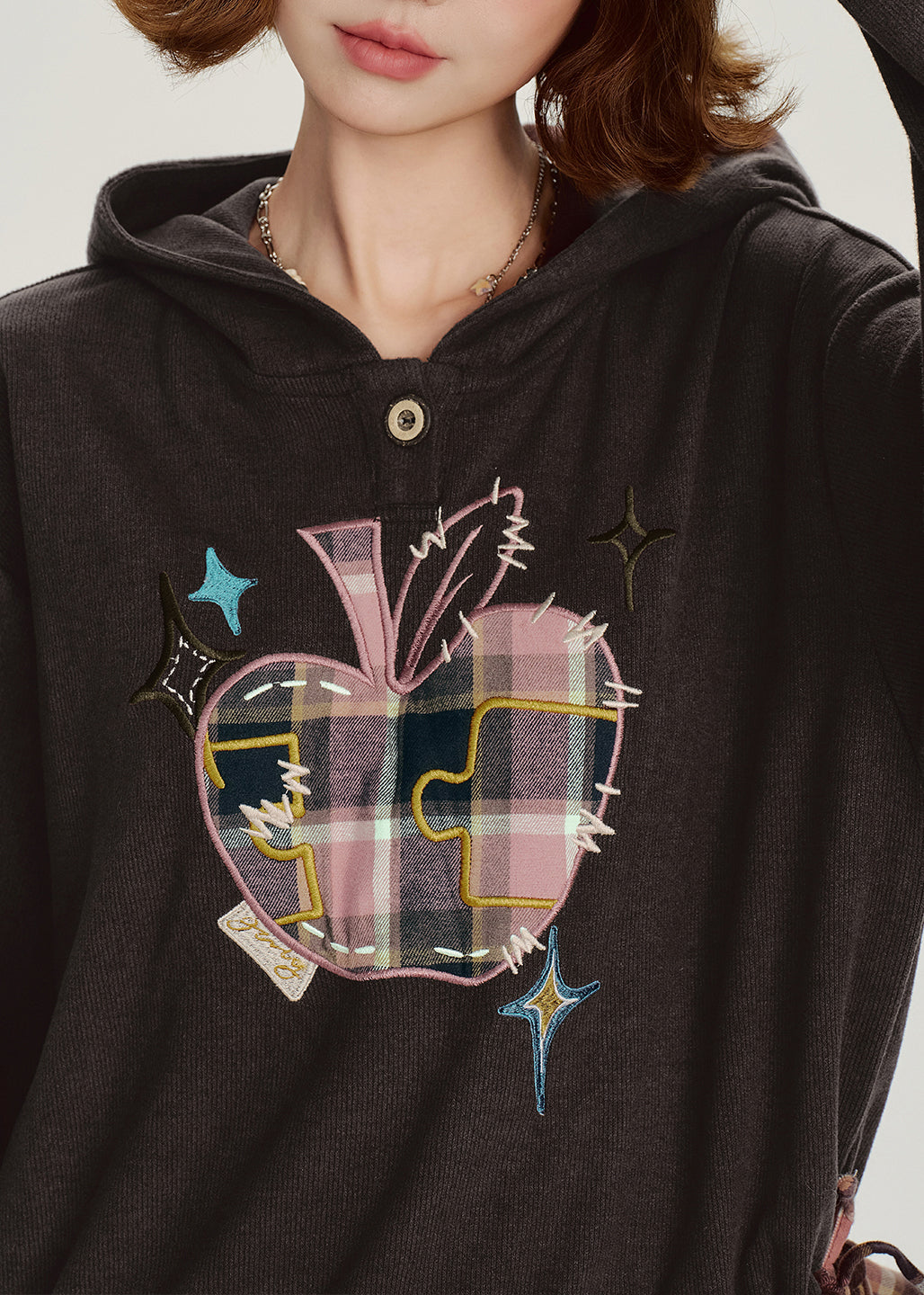 Stylish Chocolate Ruffled Hooded Patchwork Cotton Top Spring