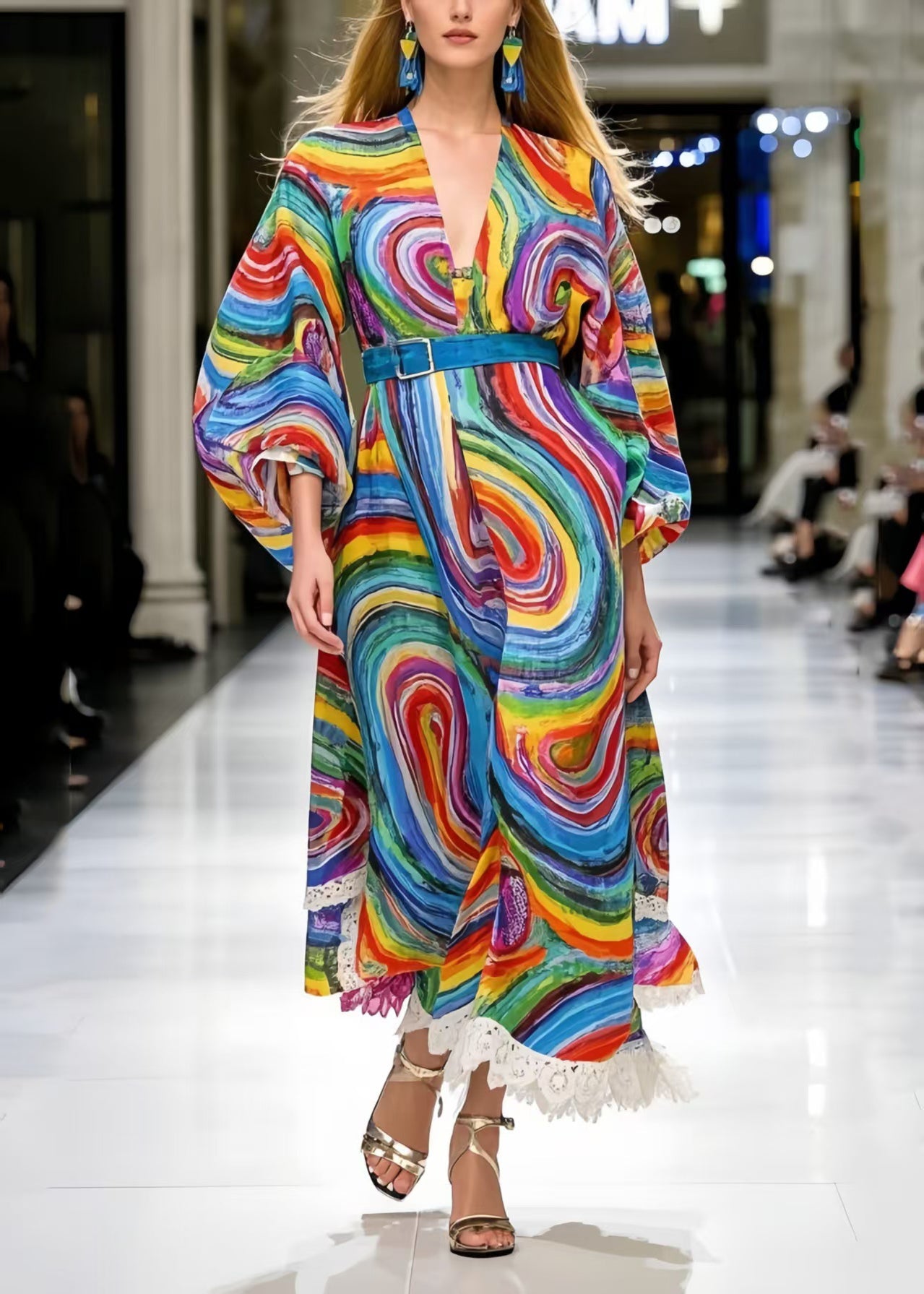 Stylish Cinched Print Chiffon Maxi Dresses Spring