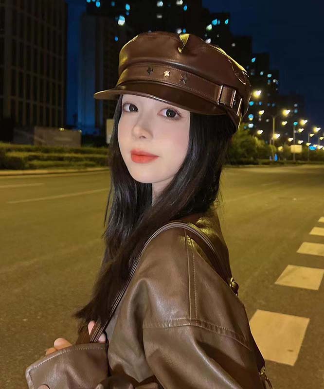 Stylish Coffee Faux Leather Patchwork Beret Hat