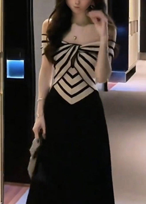 Stylish Cold Shoulder Striped Patchwork Cotton Long Dress Summer