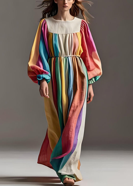 Stilvolle Colorblock O Neck Wrinkled Patchwork Baumwolle Kleider Laterne Hülse