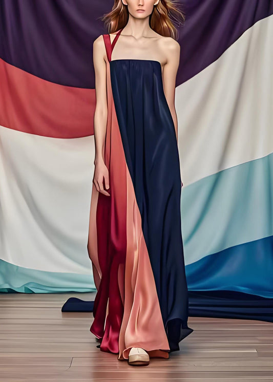 Stilvolles Colorblock One Shoulder Patchwork Seidenkleid Sommer