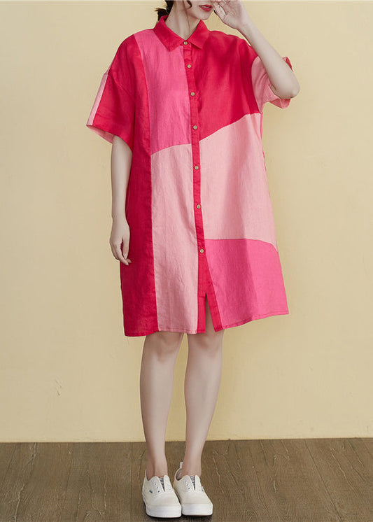 Stilvolles Colorblock-Peper-Pan-Kragen-Knopf-Patchwork-Hemdkleid mit kurzen Ärmeln