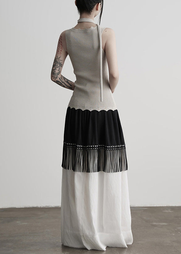 Stylish Colorblock Tasseled Patchwork Cotton Skirt Spring