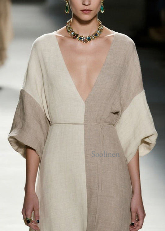 Stilvolles Sommerkleid aus Baumwolle mit Farbblock-Design, V-Ausschnitt und Patchwork-Elementen