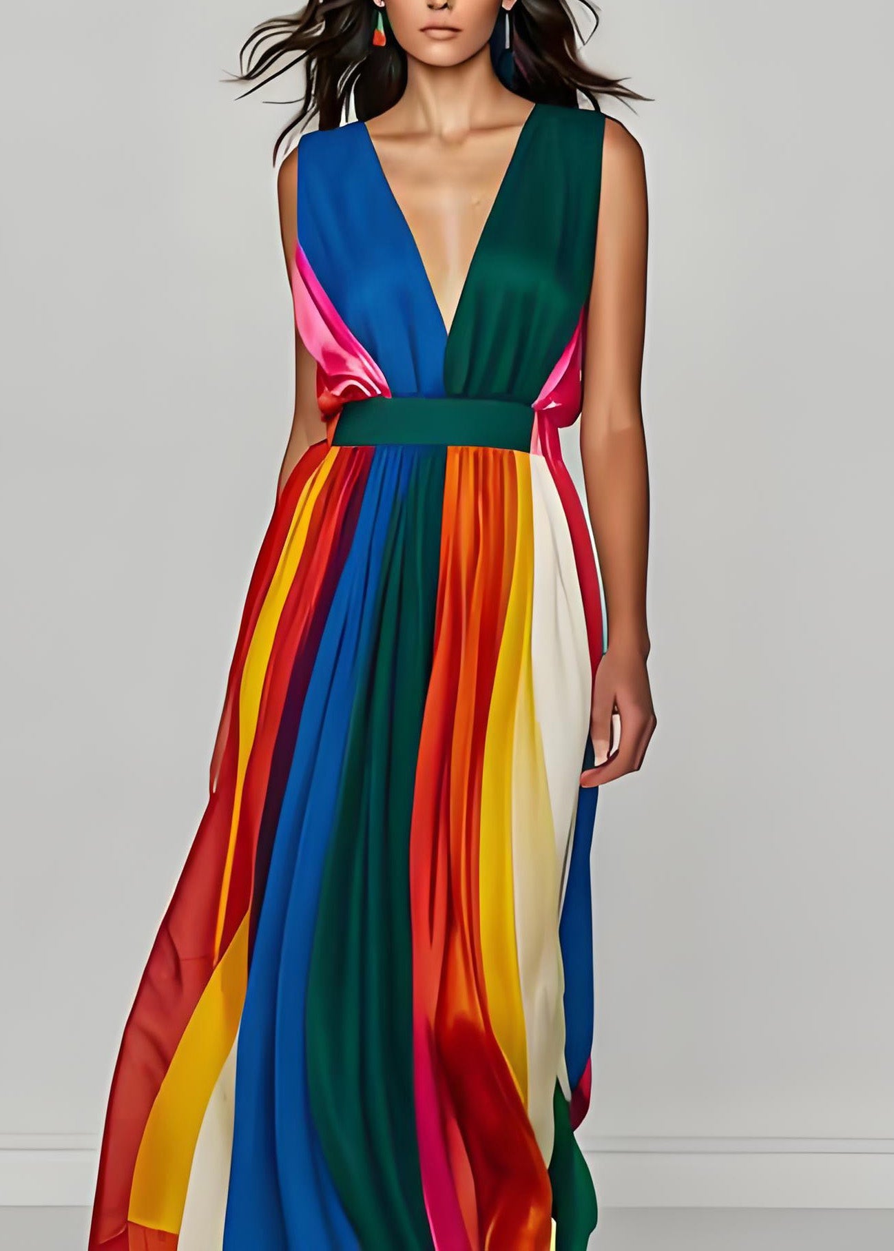 Stilvolle Colorblock V-Ausschnitt Patchwork Seide Lange Kleider Ärmellos