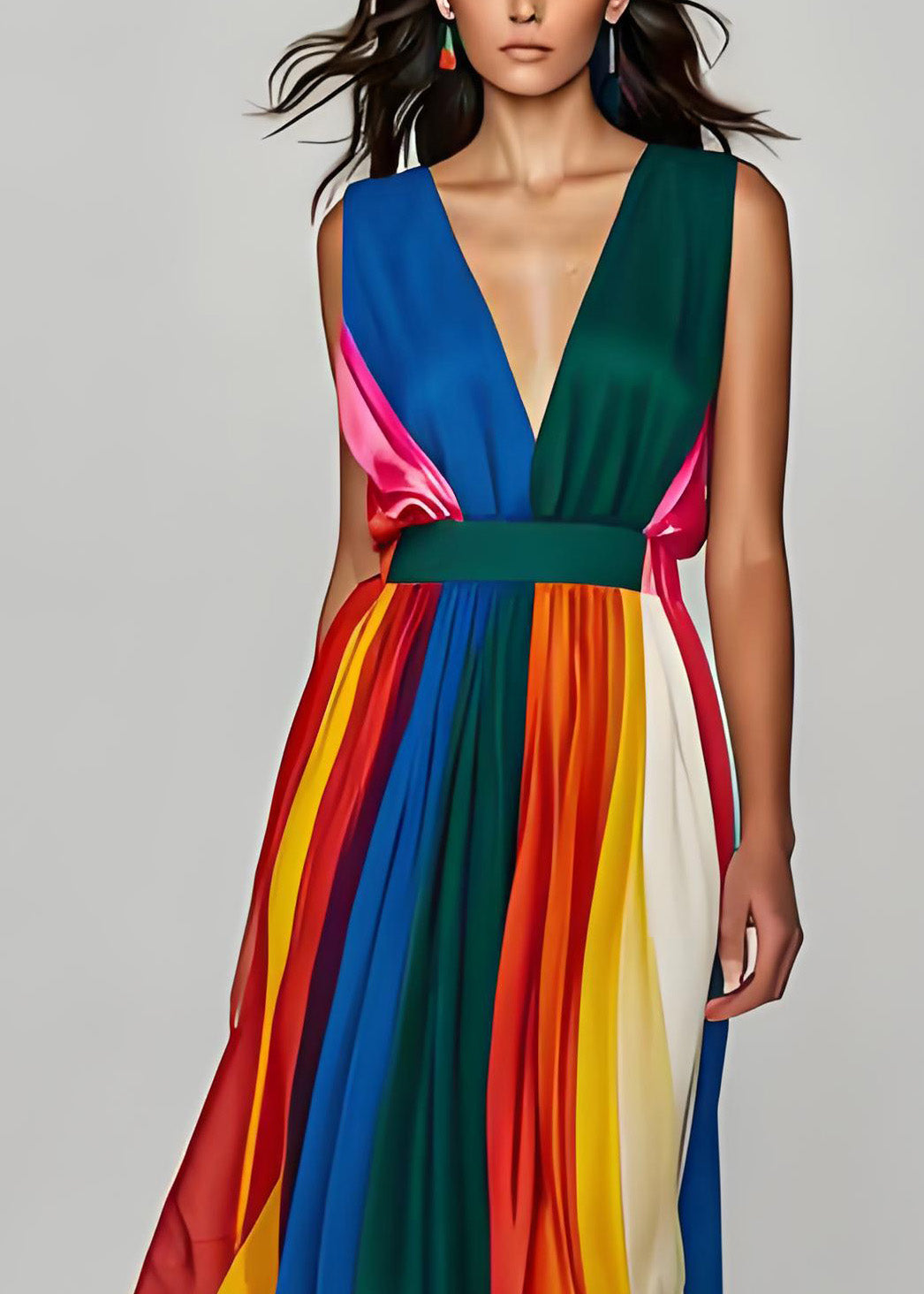 Stilvolle Colorblock V-Ausschnitt Patchwork Seide Lange Kleider Ärmellos