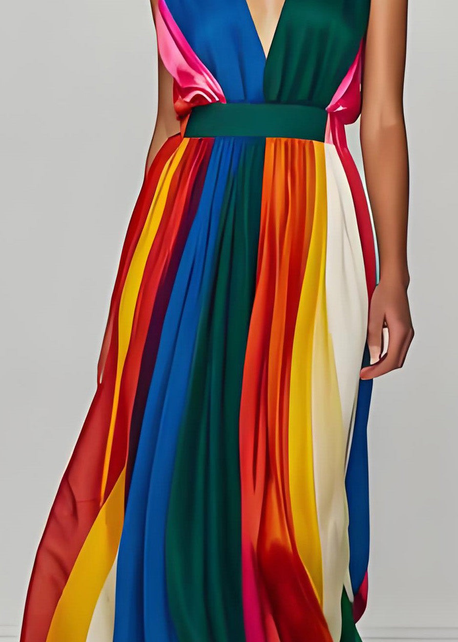 Stilvolle Colorblock V-Ausschnitt Patchwork Seide Lange Kleider Ärmellos