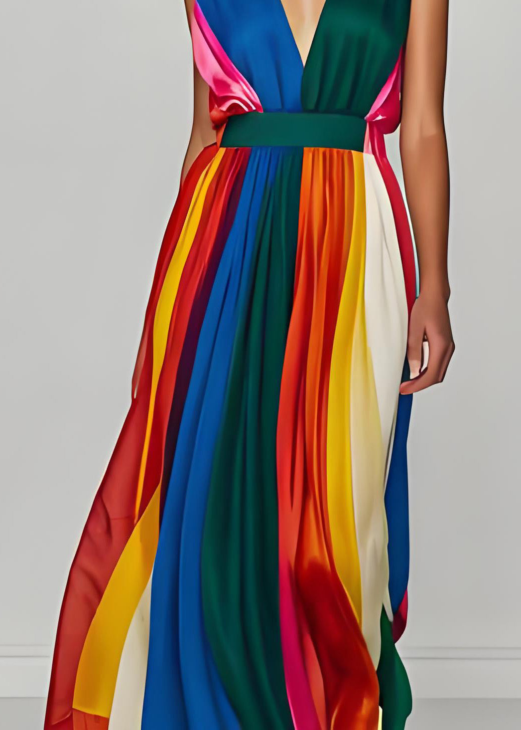 Stilvolle Colorblock V-Ausschnitt Patchwork Seide Lange Kleider Ärmellos