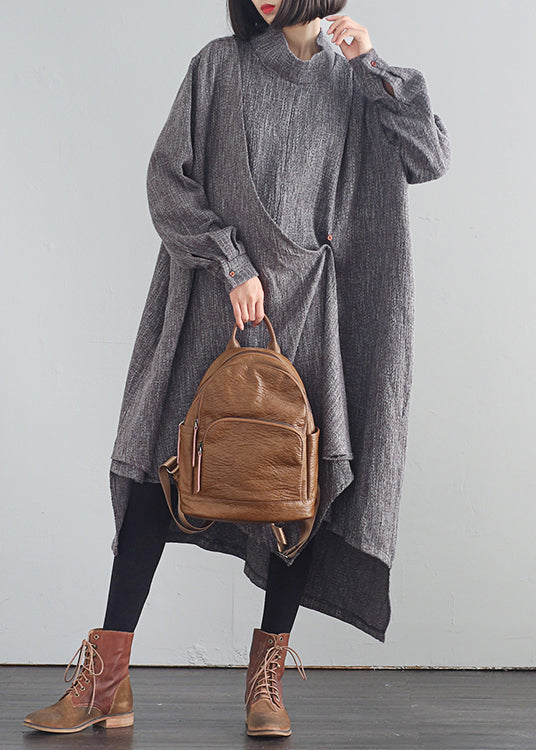 Stilvolle Dunkelgrau Rollkragen Asymmetrische Low High Design Baumwolle Lange Kleider Herbst