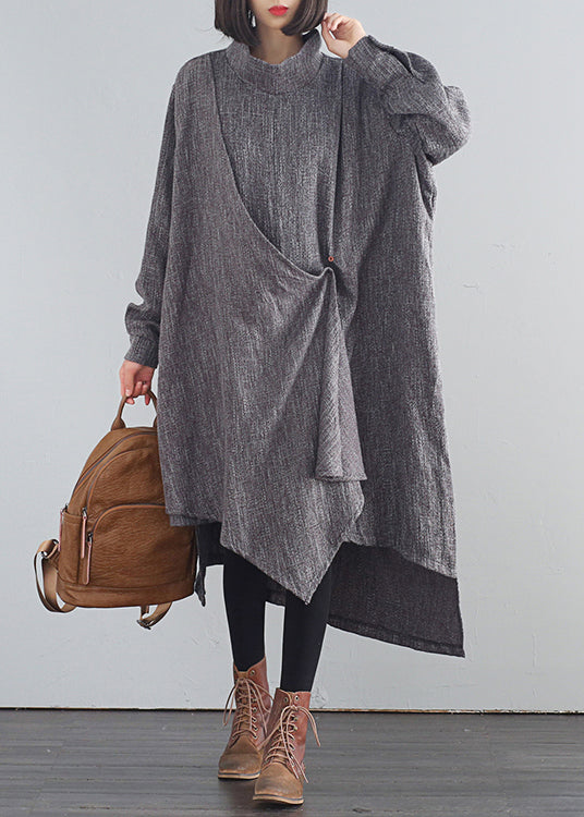 Stilvolle Dunkelgrau Rollkragen Asymmetrische Low High Design Baumwolle Lange Kleider Herbst
